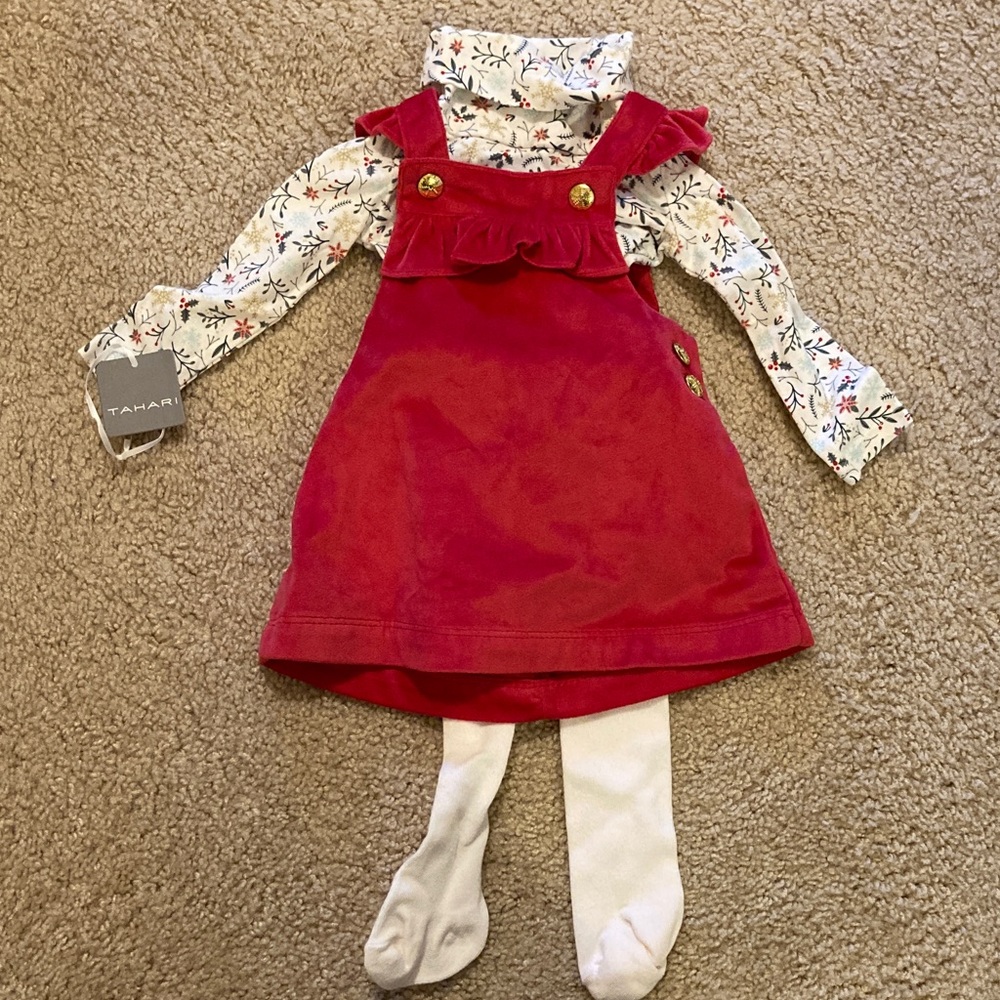 Tahari Red Dress with Floral Top and Gold Buttons